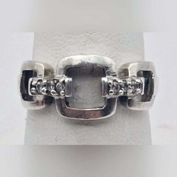 Sterling Silver Square Link with Crystal Gemstones Ring - Picture 7 of 12
